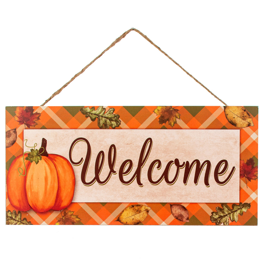 12" Wooden Sign: Welcome Fall Printed Plaid