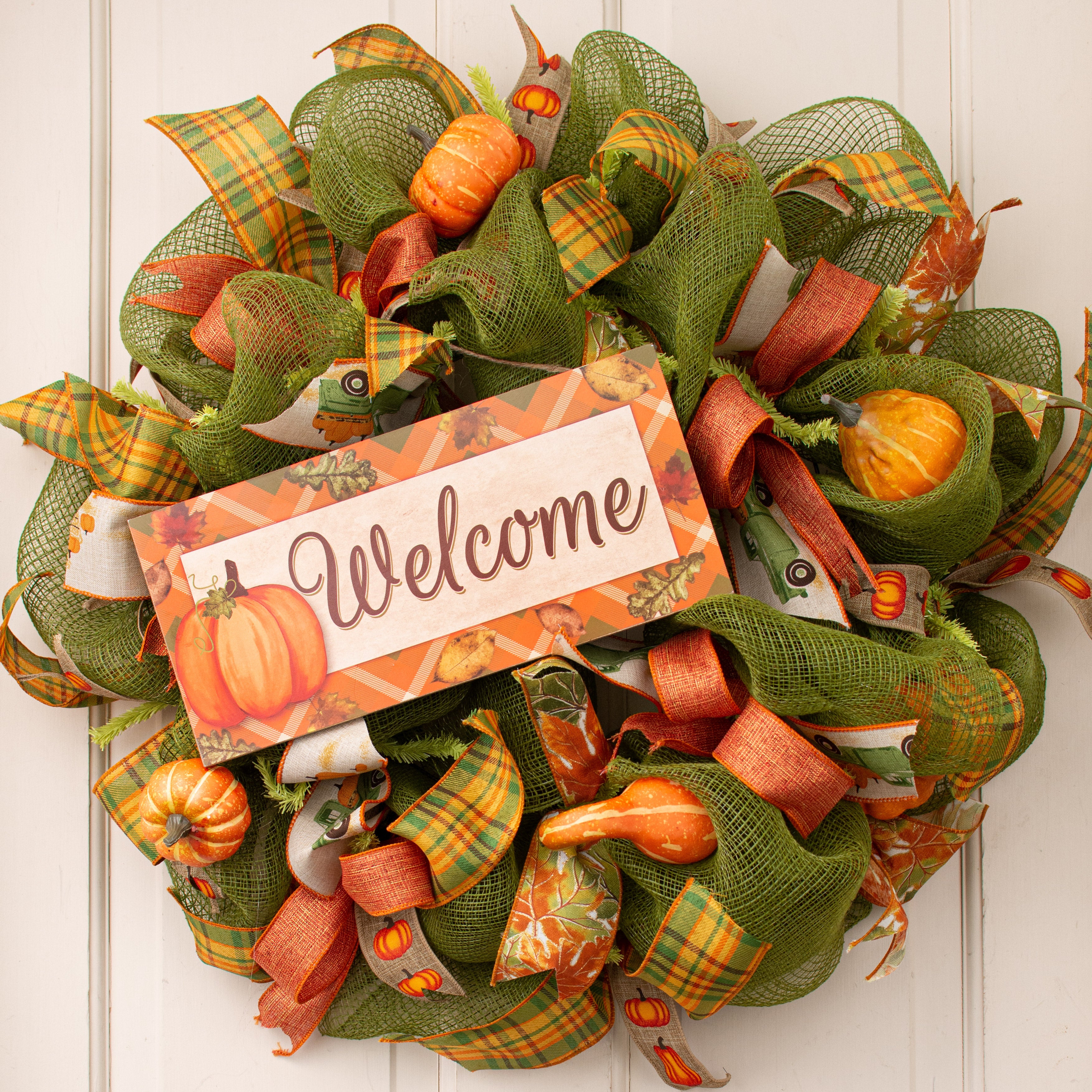12" Wooden Sign: Welcome Fall Printed Plaid