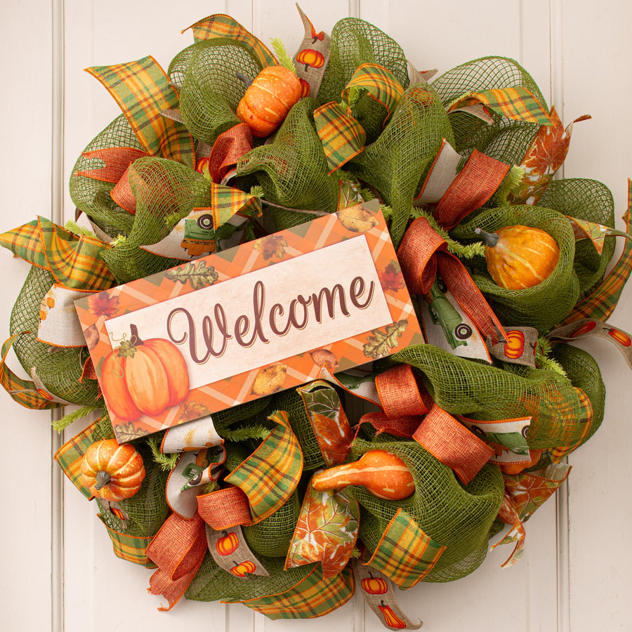 12" Wooden Sign: Welcome Fall Printed Plaid