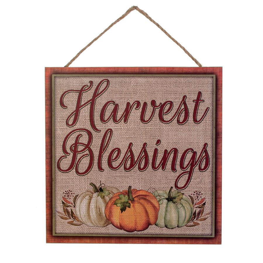 10" Square Wooden Sign: Harvest Blessings Pumpkins