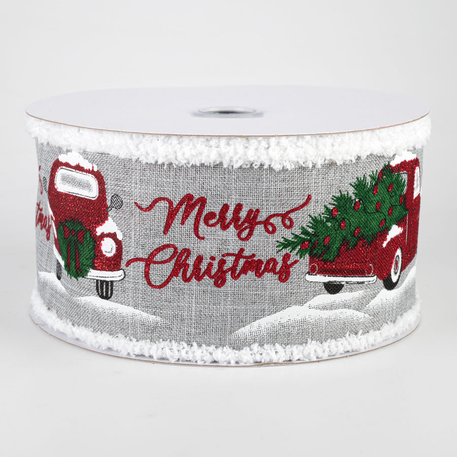 2.5" Merry Christmas With Truck Fuzzy Edge Ribbon: Light Grey (10 Yards)