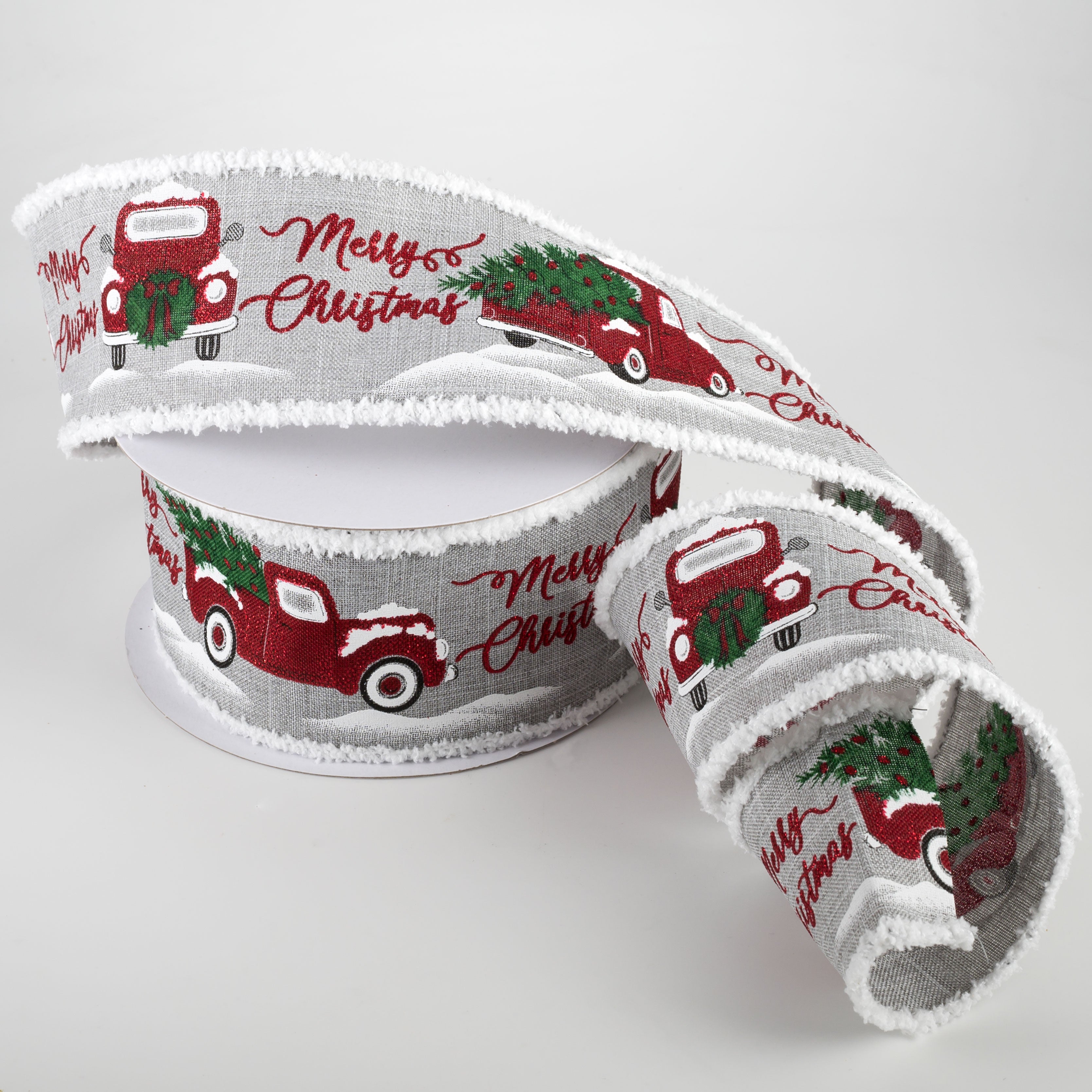2.5" Merry Christmas With Truck Fuzzy Edge Ribbon: Light Grey (10 Yards)