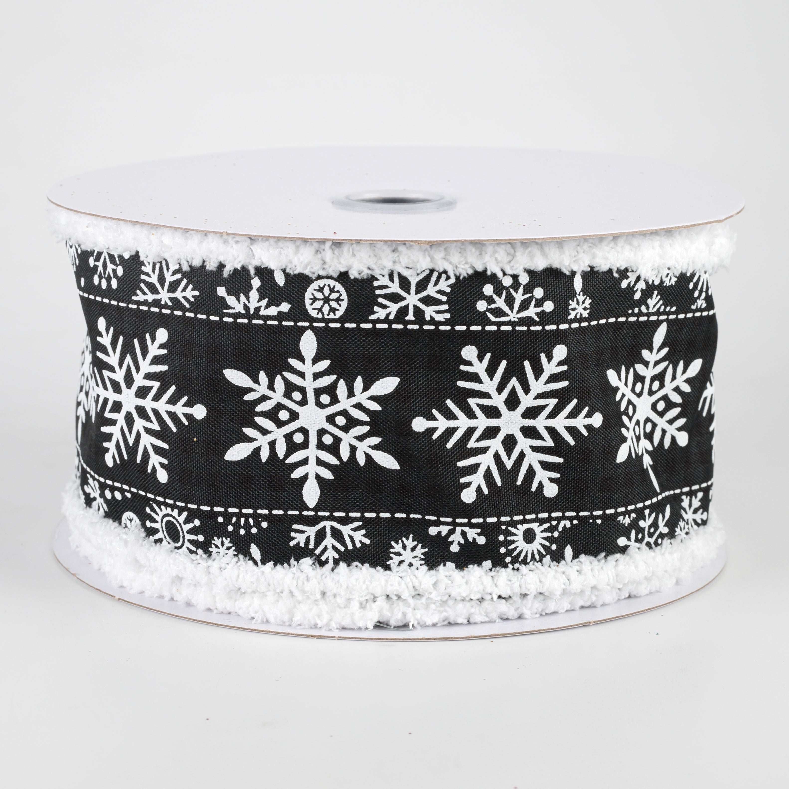 2.5" Snowflake Fuzzy Edge Ribbon: Black & White (10 Yards)