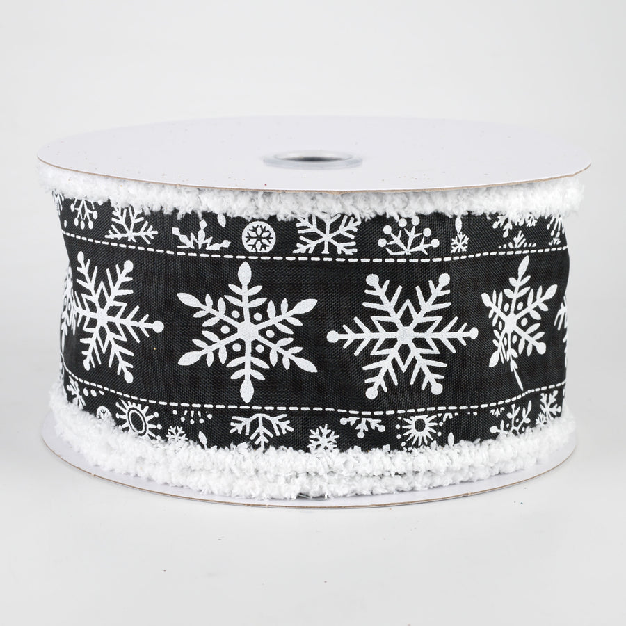 2.5" Snowflake Fuzzy Edge Ribbon: Black & White (10 Yards)