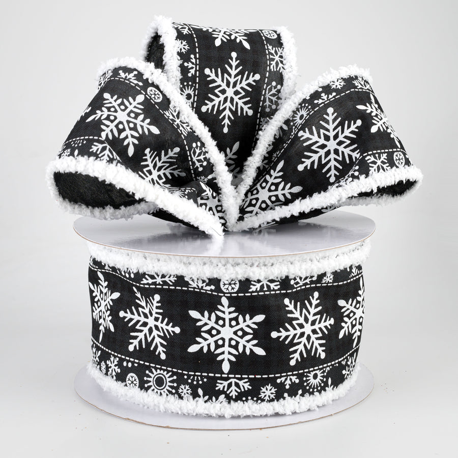 2.5" Snowflake Fuzzy Edge Ribbon: Black & White (10 Yards)