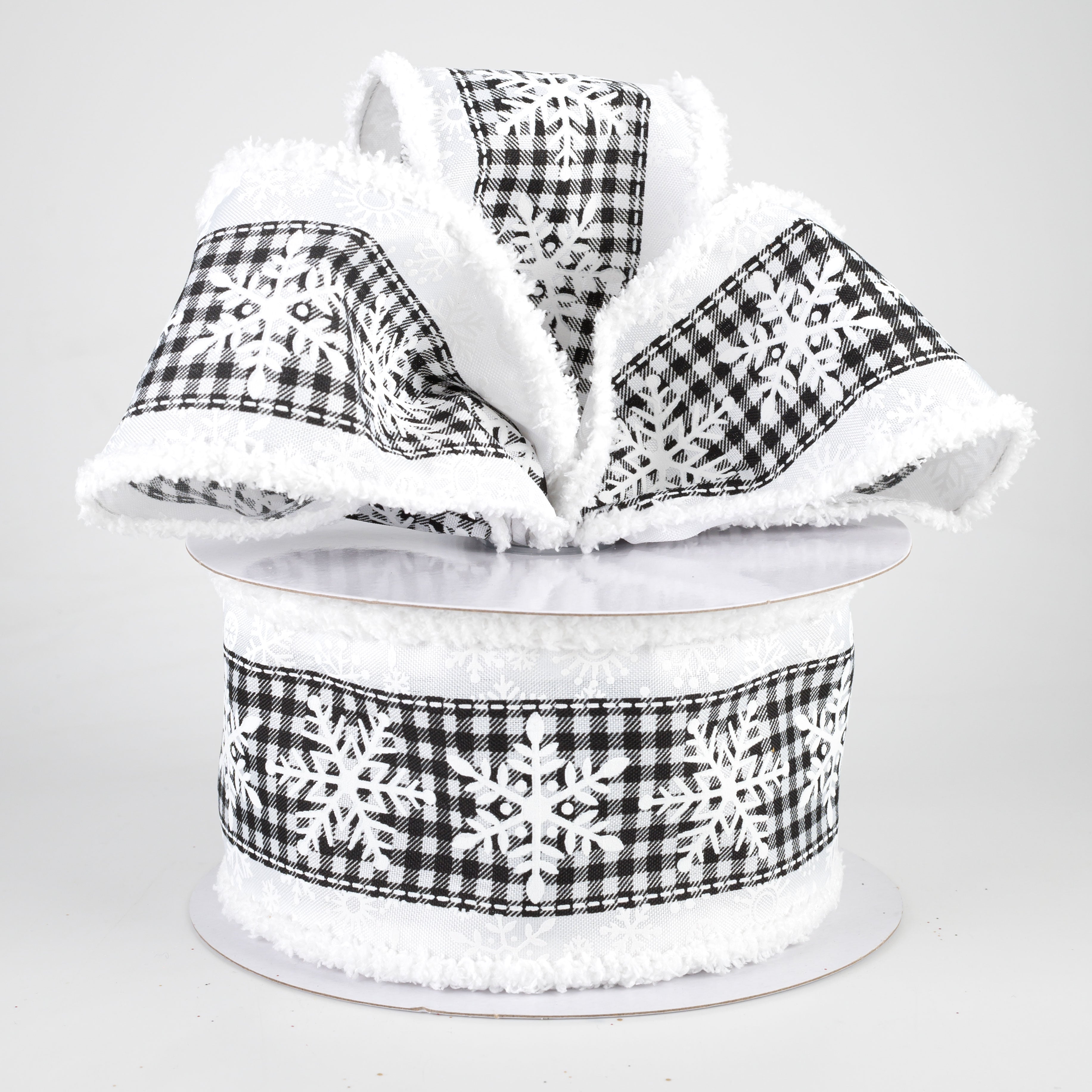 2.5" Snowflake On Check Fuzzy Edge Ribbon: White & Black (10 Yards)