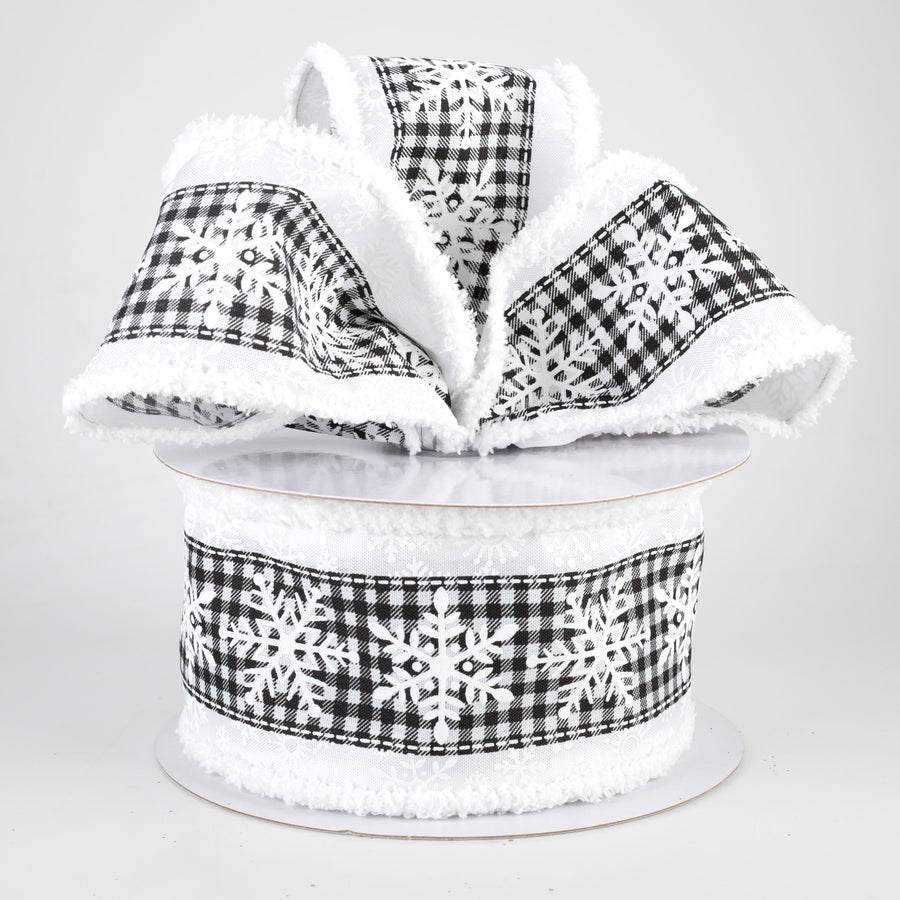 2.5" Snowflake On Check Fuzzy Edge Ribbon: White & Black (10 Yards)