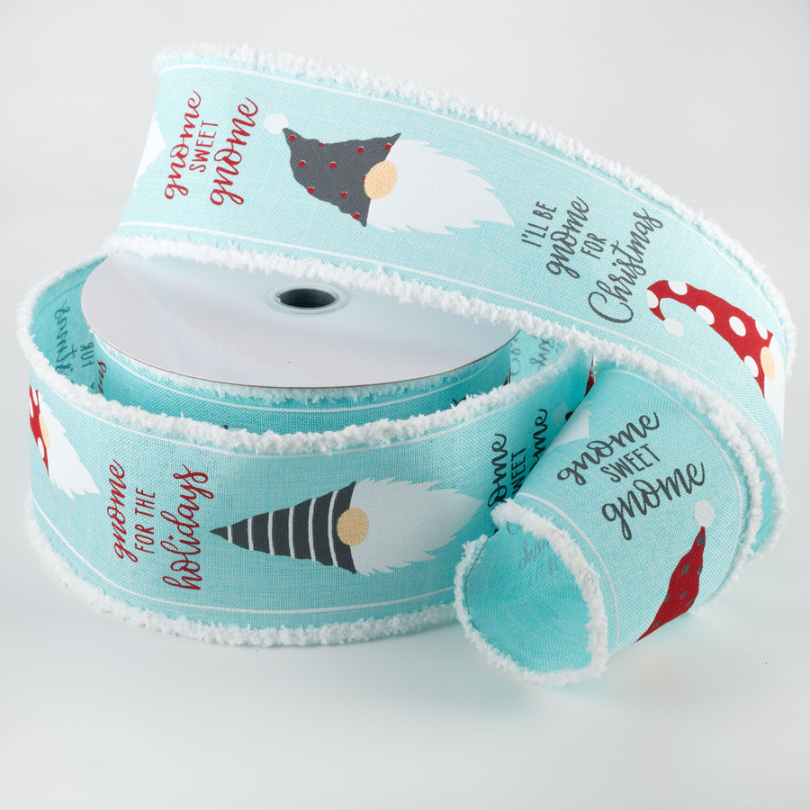 2.5" Christmas Gnome Heads Fuzzy Edge Ribbon: Ice Blue (10 Yards)