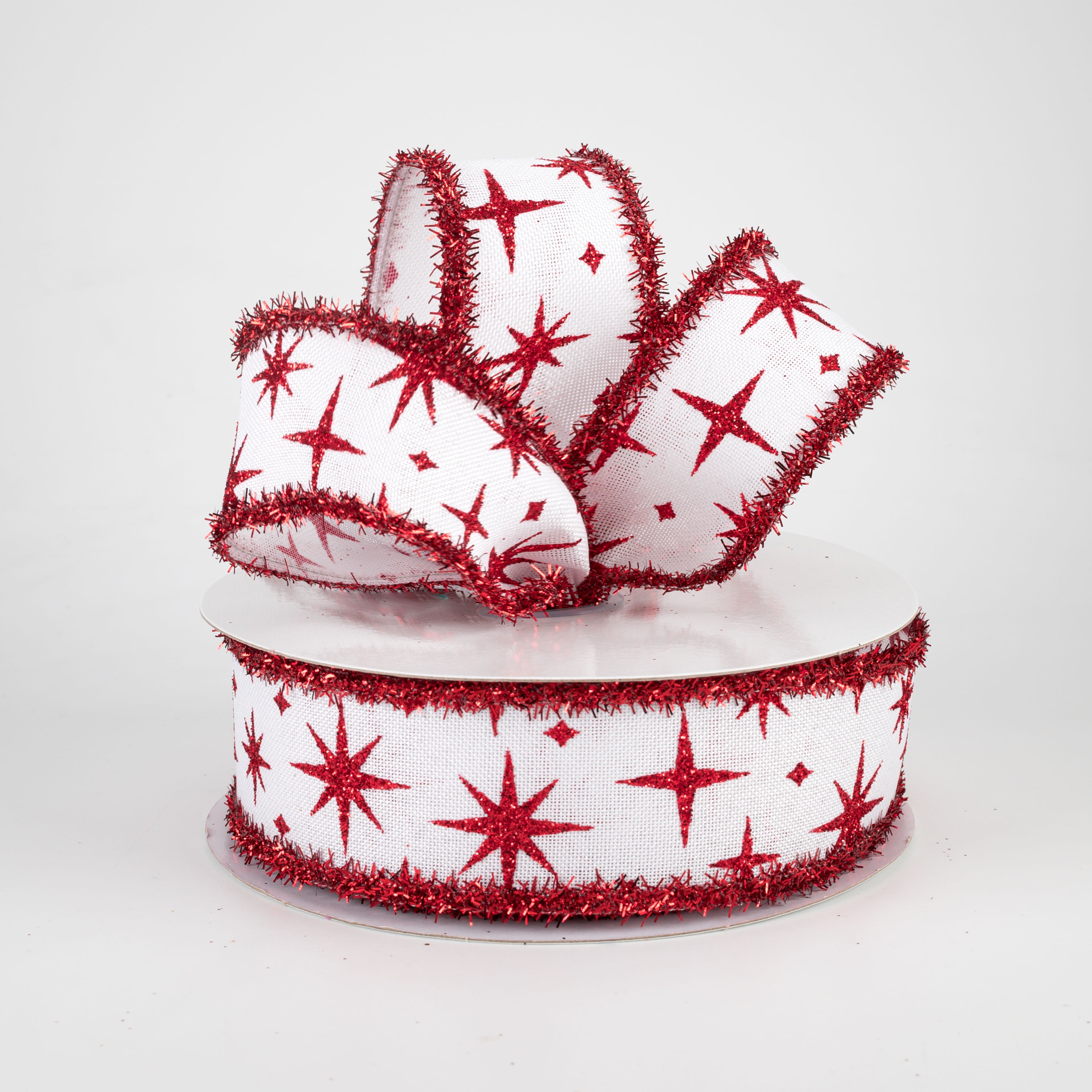 1.5" Retro Stars Tinsel Edge Ribbon: White & Red (10 Yards)