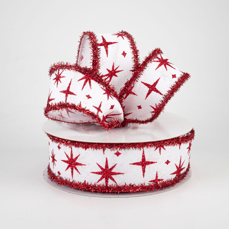 1.5" Retro Stars Tinsel Edge Ribbon: White & Red (10 Yards)