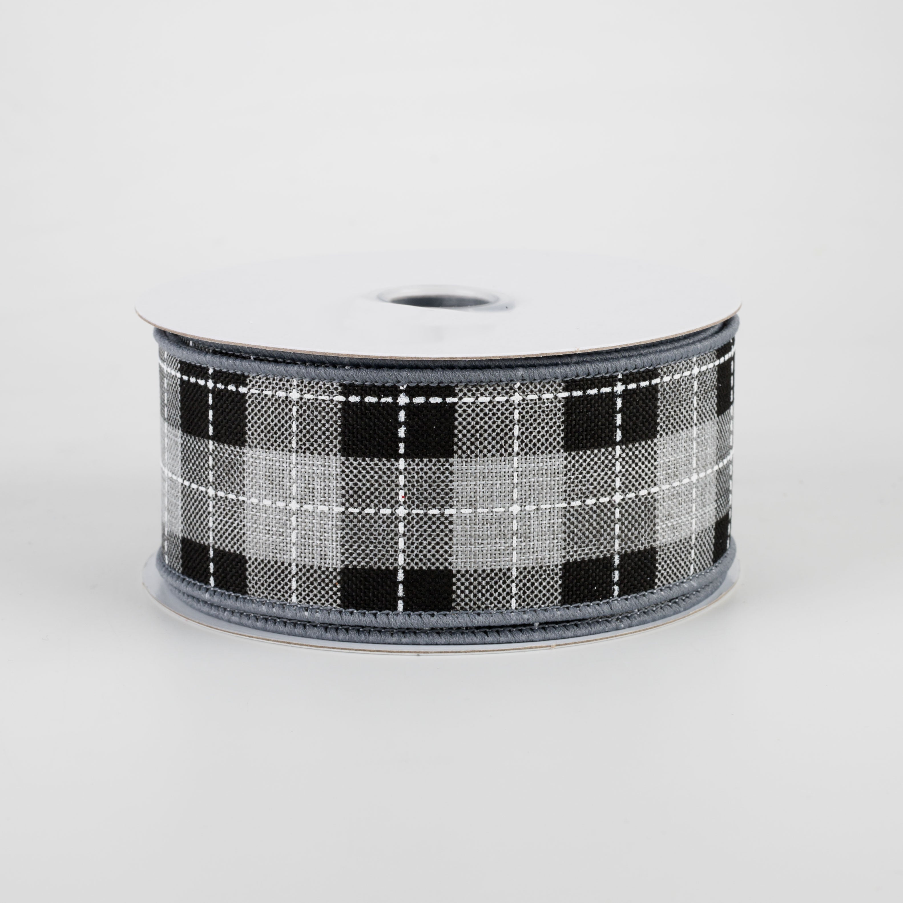 1.5" Printed Woven Check Ribbon: Light Grey, Black, White (10 Yards)