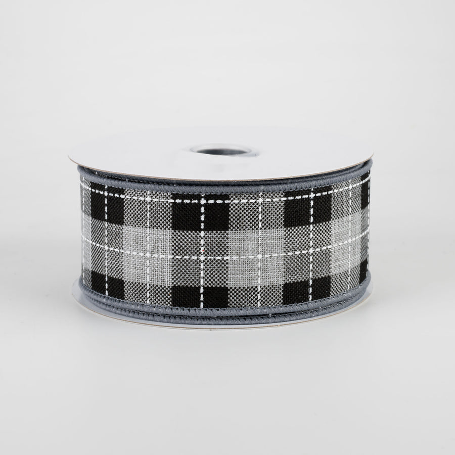 1.5" Printed Woven Check Ribbon: Light Grey, Black, White (10 Yards)