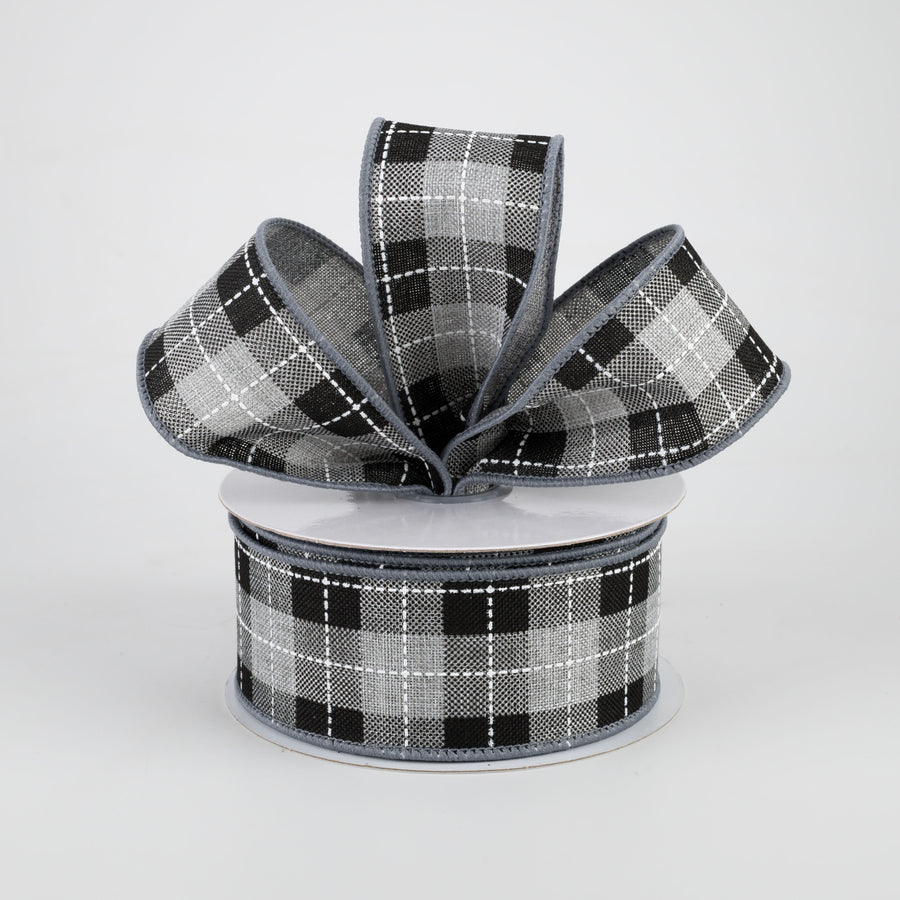 1.5" Printed Woven Check Ribbon: Light Grey, Black, White (10 Yards)