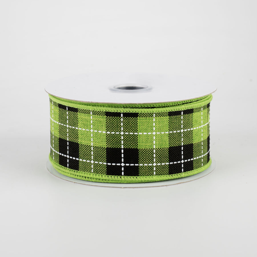 1.5" Printed Woven Check Ribbon: Fresh Green, Black, White (10 Yards)