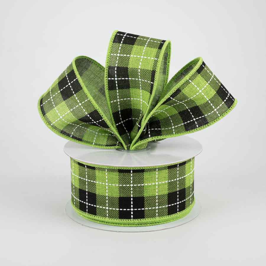 1.5" Printed Woven Check Ribbon: Fresh Green, Black, White (10 Yards)