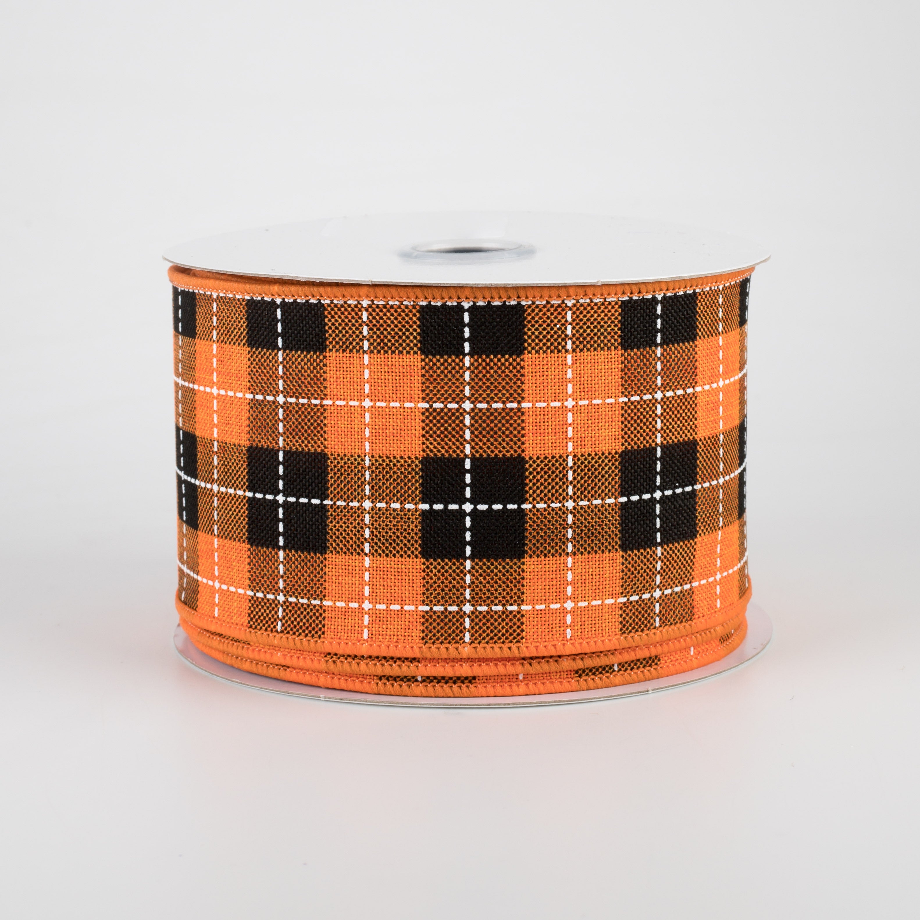 2.5" Printed Woven Check Ribbon: Orange, Black, White (10 Yards)