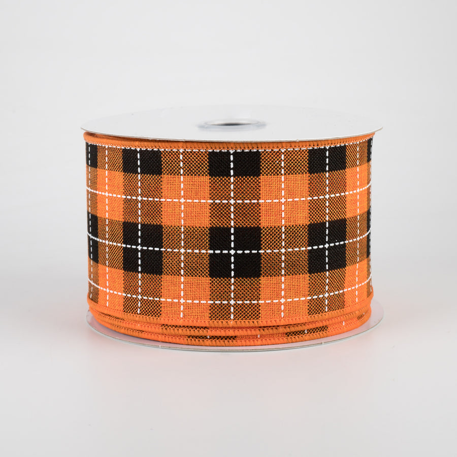 2.5" Printed Woven Check Ribbon: Orange, Black, White (10 Yards)