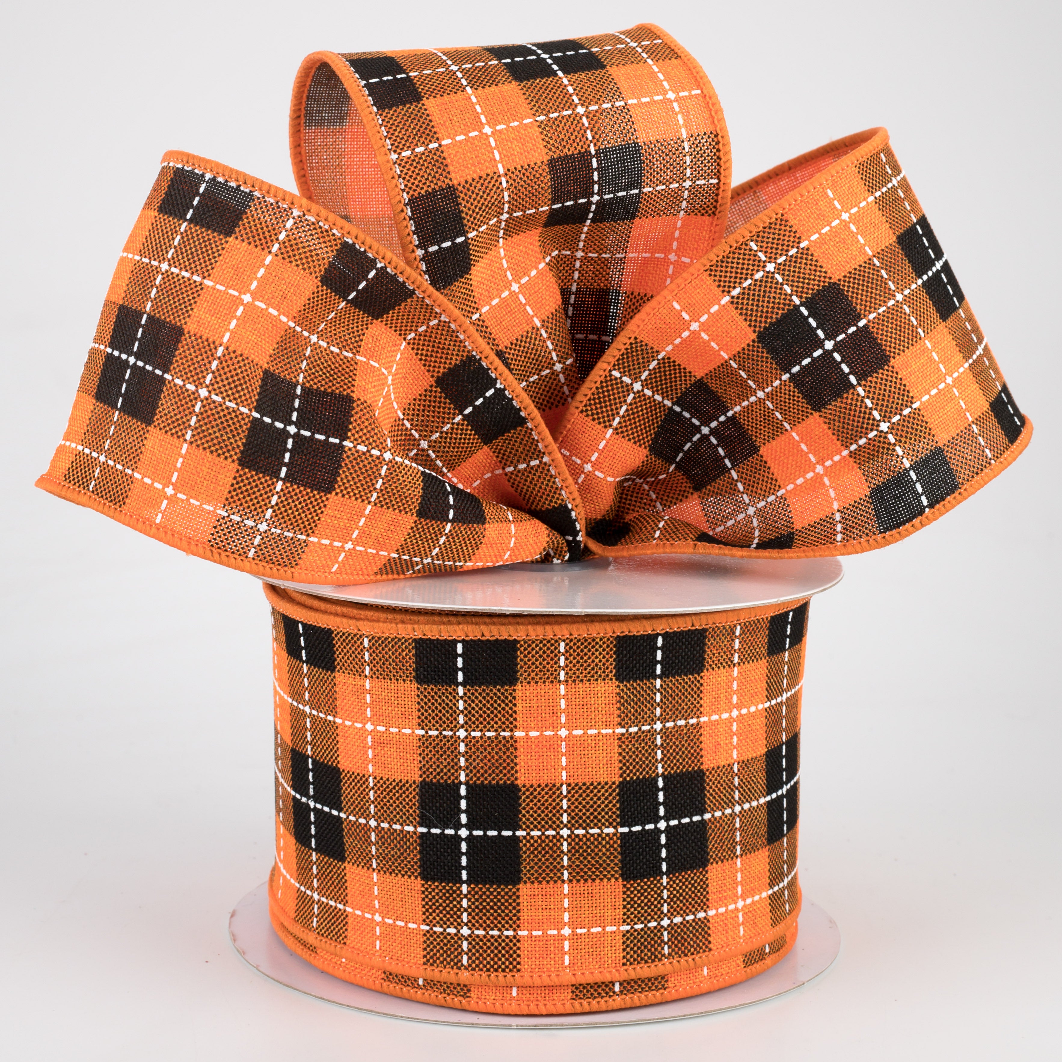 2.5" Printed Woven Check Ribbon: Orange, Black, White (10 Yards)