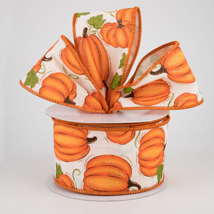 2.5" Pumpkin Patch Ribbon: Off White, Orange, Moss (10 Yards)