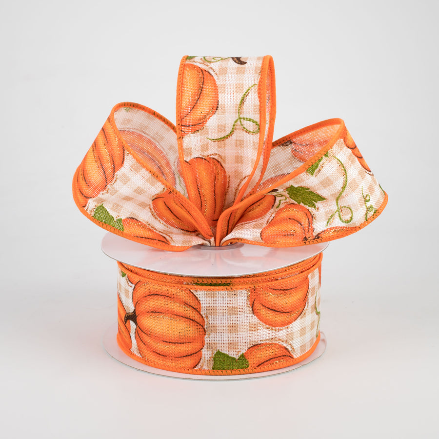 1.5" Pumpkin Patch Check Ribbon: Orange, Moss, Beige, Ivory (10 Yards)