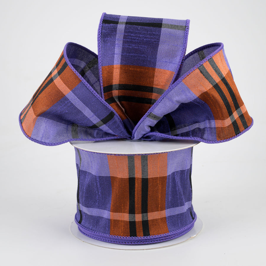 2.5" Plaid Faux Dupioni Ribbon: Purple, Orange, Black (10 Yards)