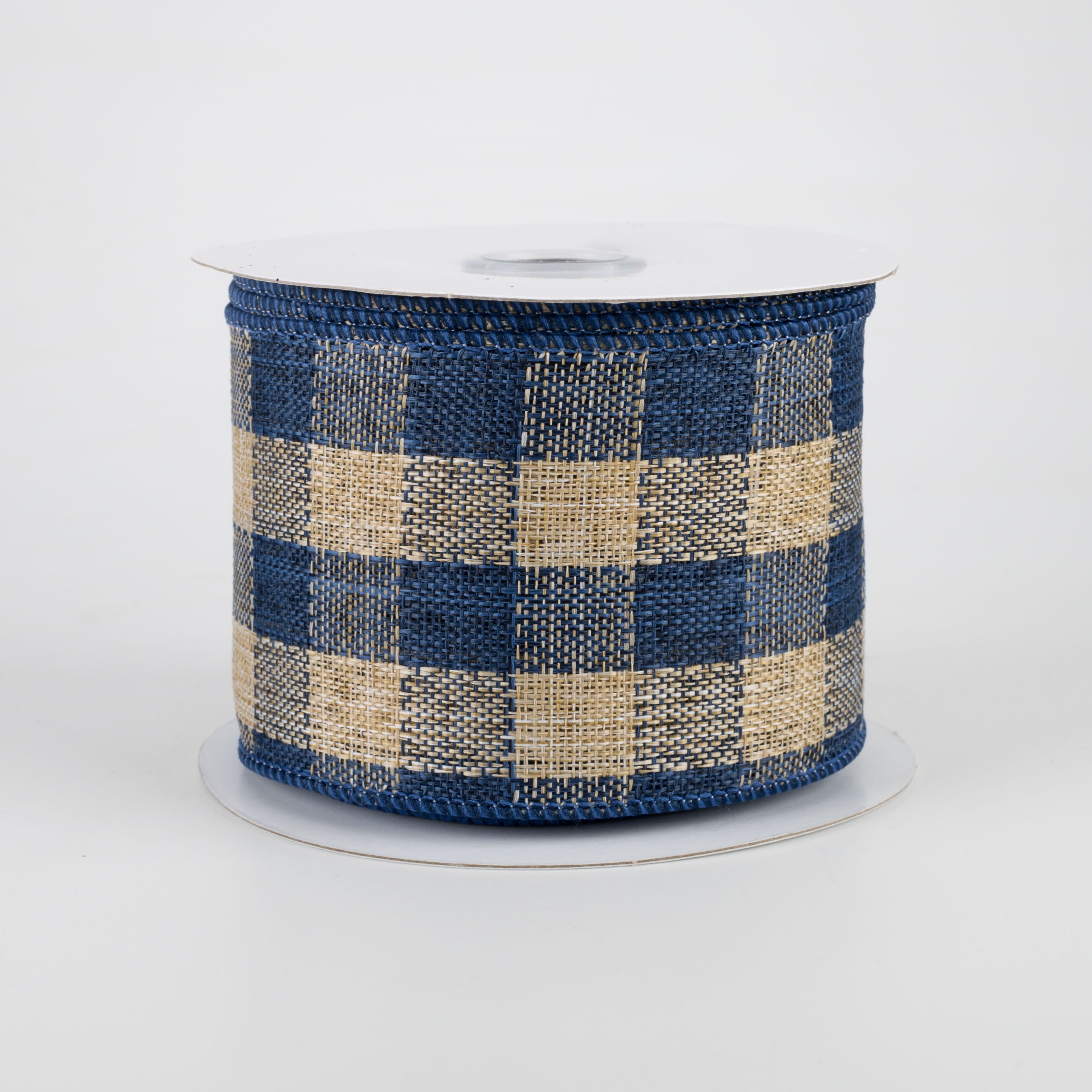 2.5" Woven Royal Burlap Check Ribbon: Blue & Beige (10 Yards)