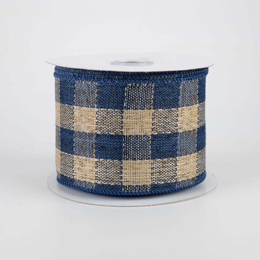 2.5" Woven Royal Burlap Check Ribbon: Blue & Beige (10 Yards)