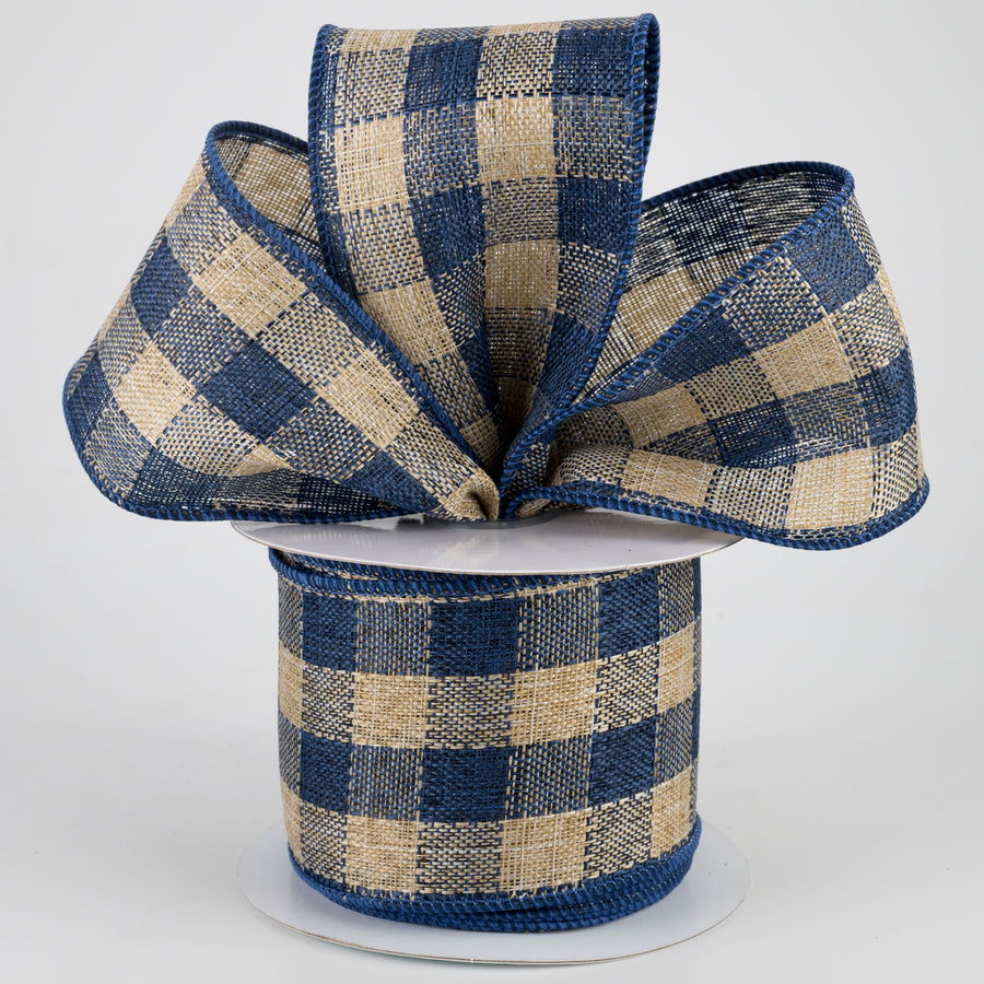 2.5" Woven Royal Burlap Check Ribbon: Blue & Beige (10 Yards)