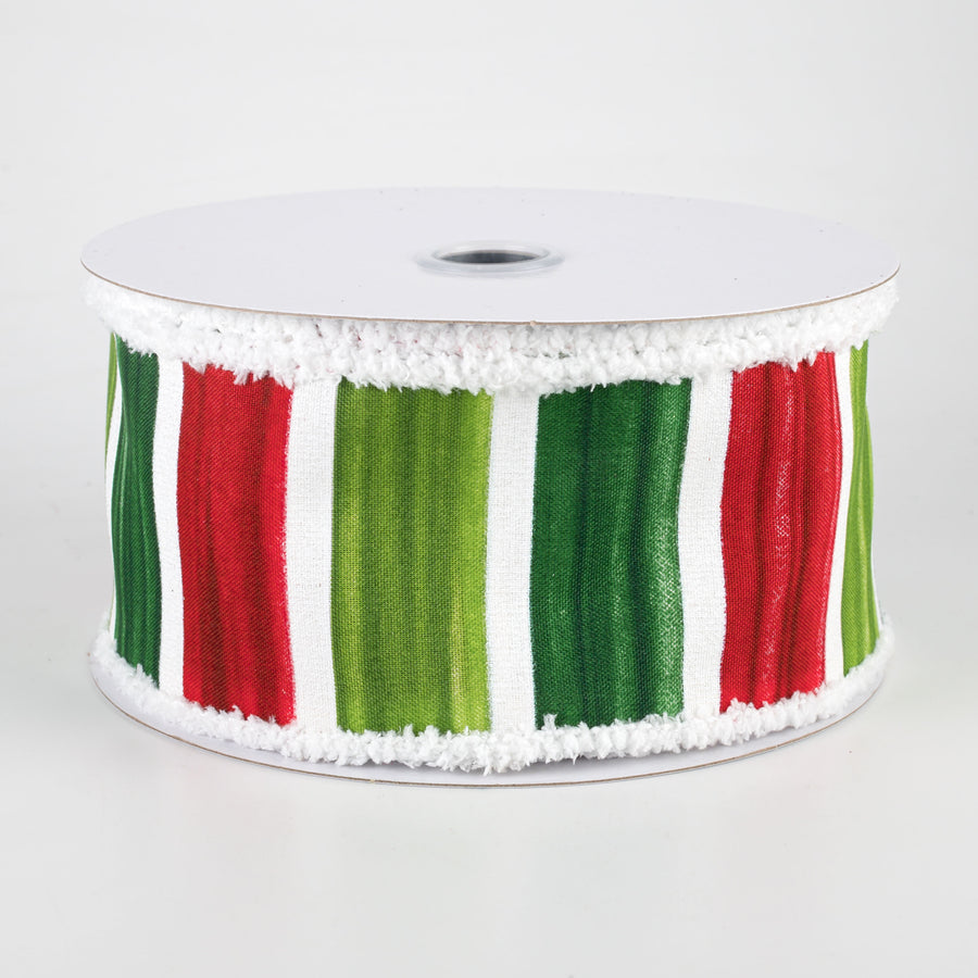 2.5" Watercolor Wide Stripe Fuzzy Edge Ribbon: Red, Lime, Emerald, White (10 Yards)