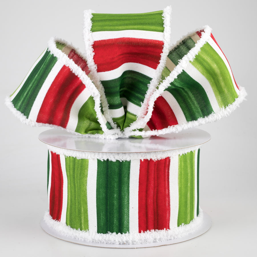 2.5" Watercolor Wide Stripe Fuzzy Edge Ribbon: Red, Lime, Emerald, White (10 Yards)