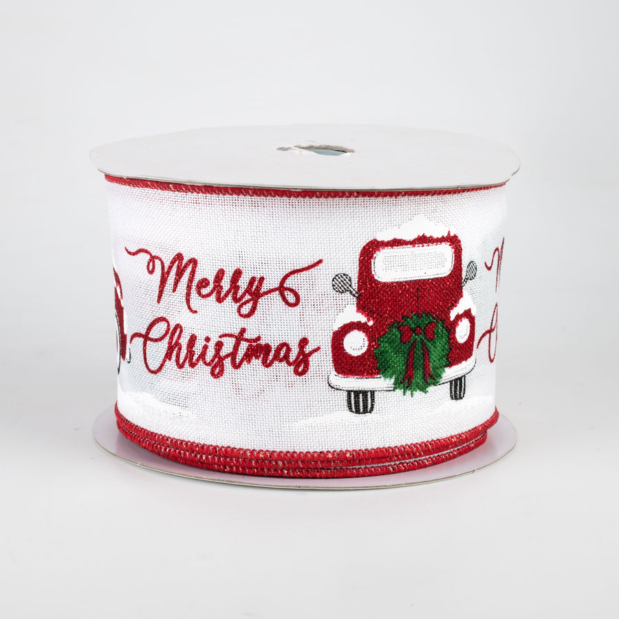 2.5" Merry Christmas With Truck Ribbon: White (10 Yards)