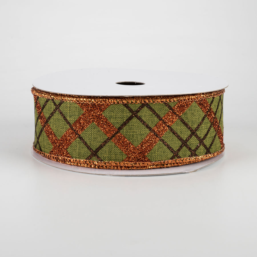 1.5" Glitter Diagonal Plaid Ribbon: Moss, Copper, Brown (10 Yards)