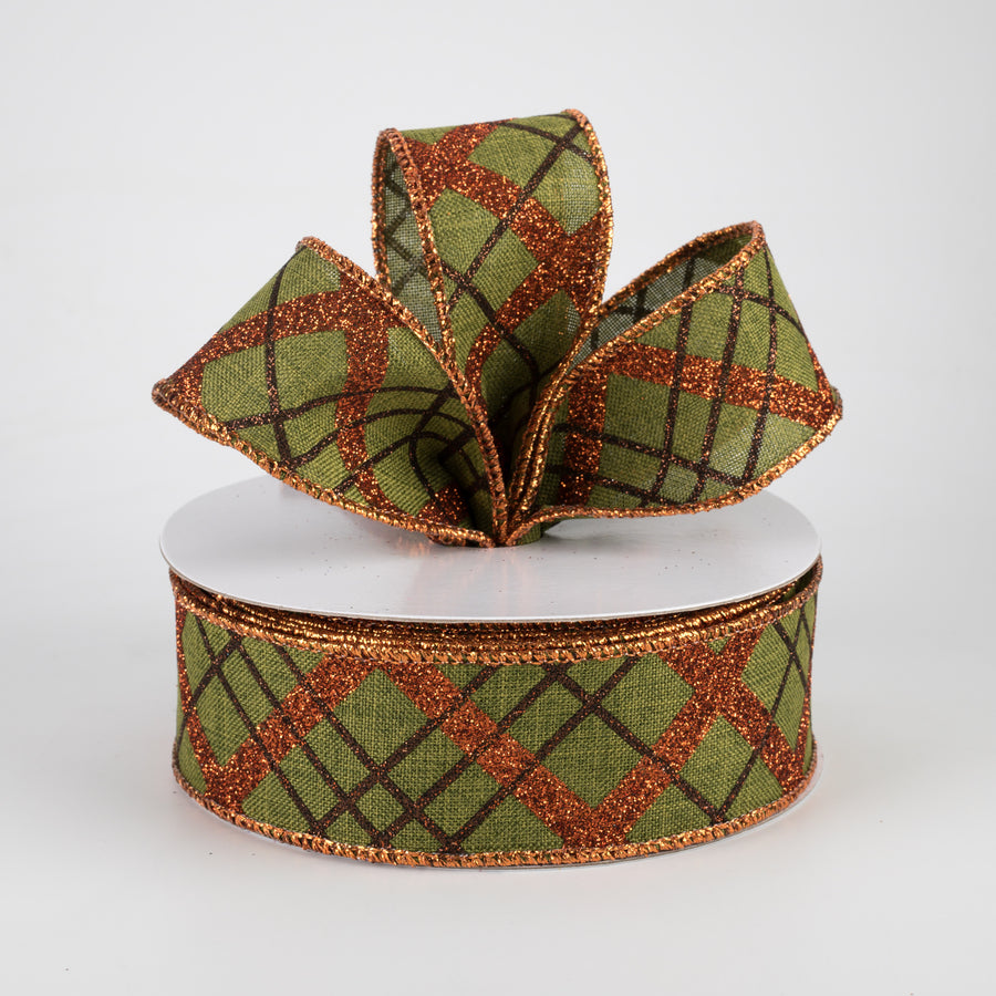 1.5" Glitter Diagonal Plaid Ribbon: Moss, Copper, Brown (10 Yards)