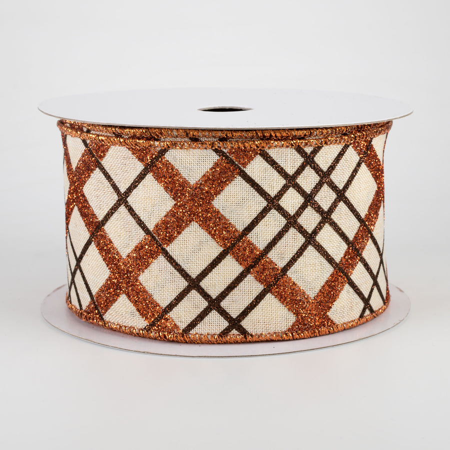 2.5" Glitter Diagonal Plaid Ribbon: Cream, Copper, Brown (10 Yards)