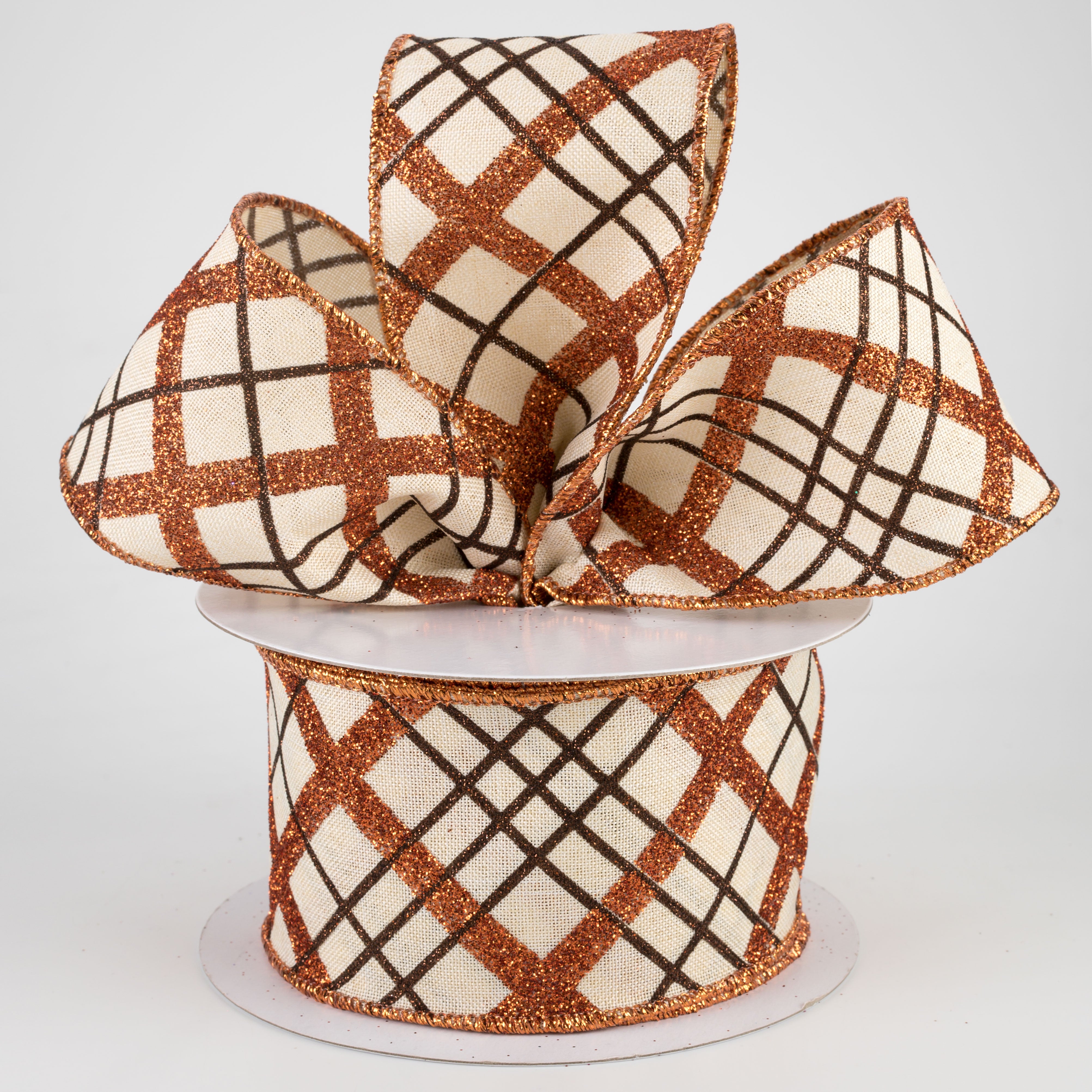 2.5" Glitter Diagonal Plaid Ribbon: Cream, Copper, Brown (10 Yards)