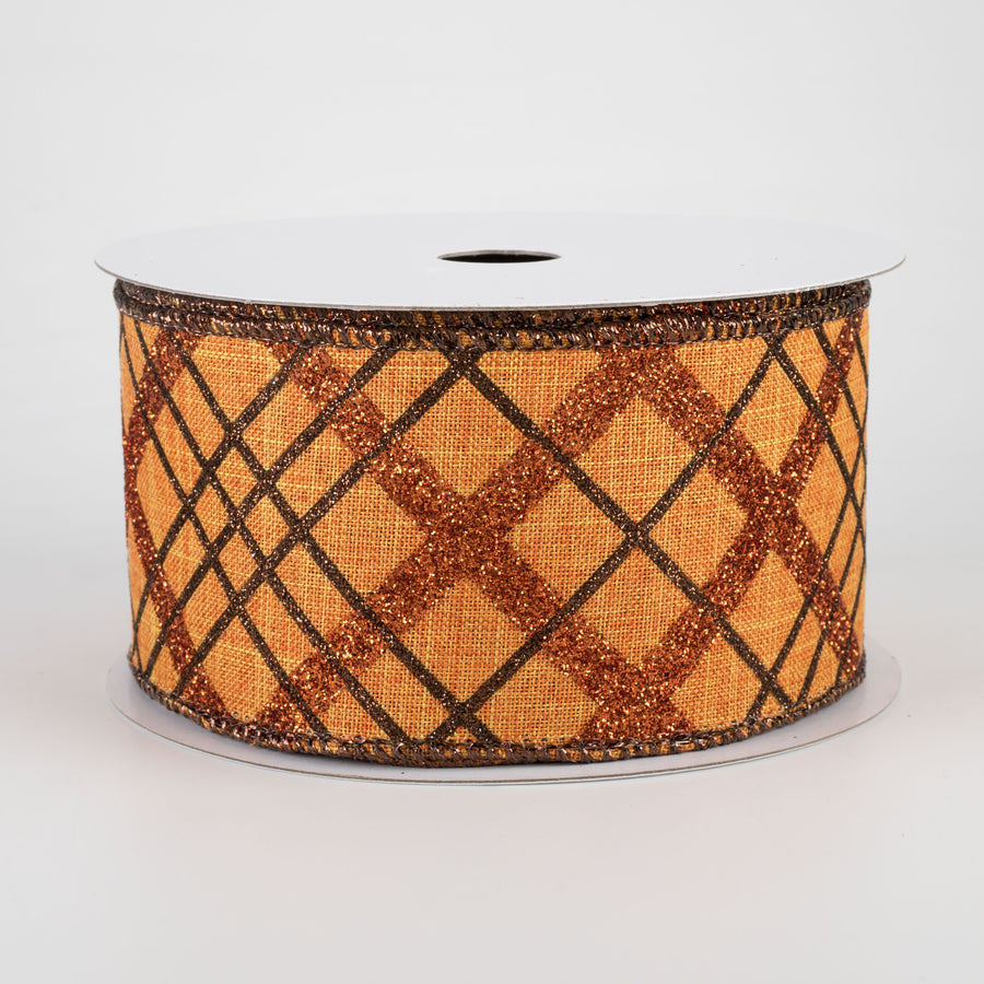 2.5" Glitter Diagonal Plaid Ribbon: Pumpkin Orange, Copper, Brown (10 Yards)