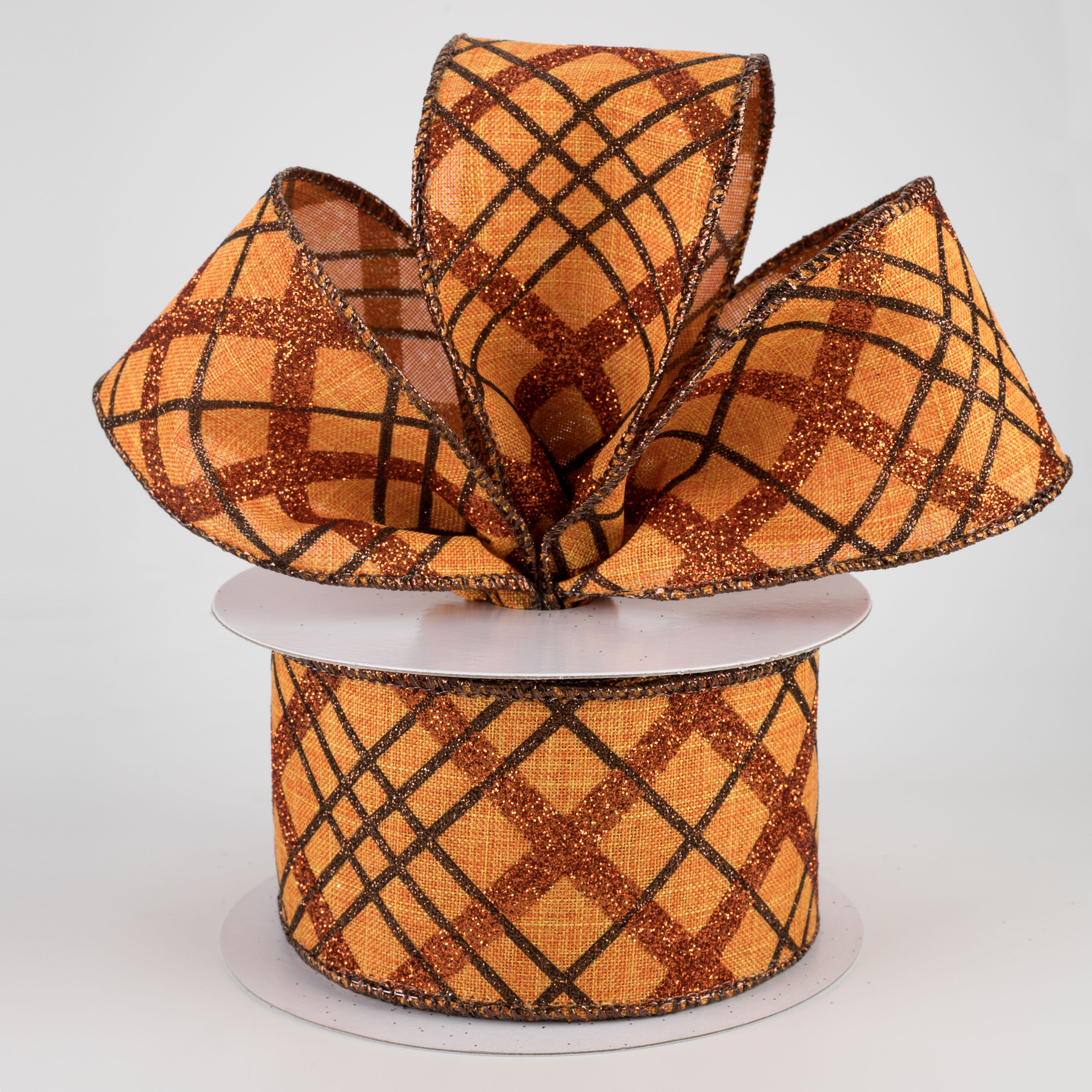 2.5" Glitter Diagonal Plaid Ribbon: Pumpkin Orange, Copper, Brown (10 Yards)
