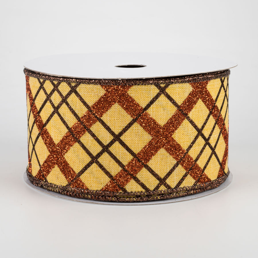 2.5" Glitter Diagonal Plaid Ribbon: Mustard, Copper, Brown (10 Yards)