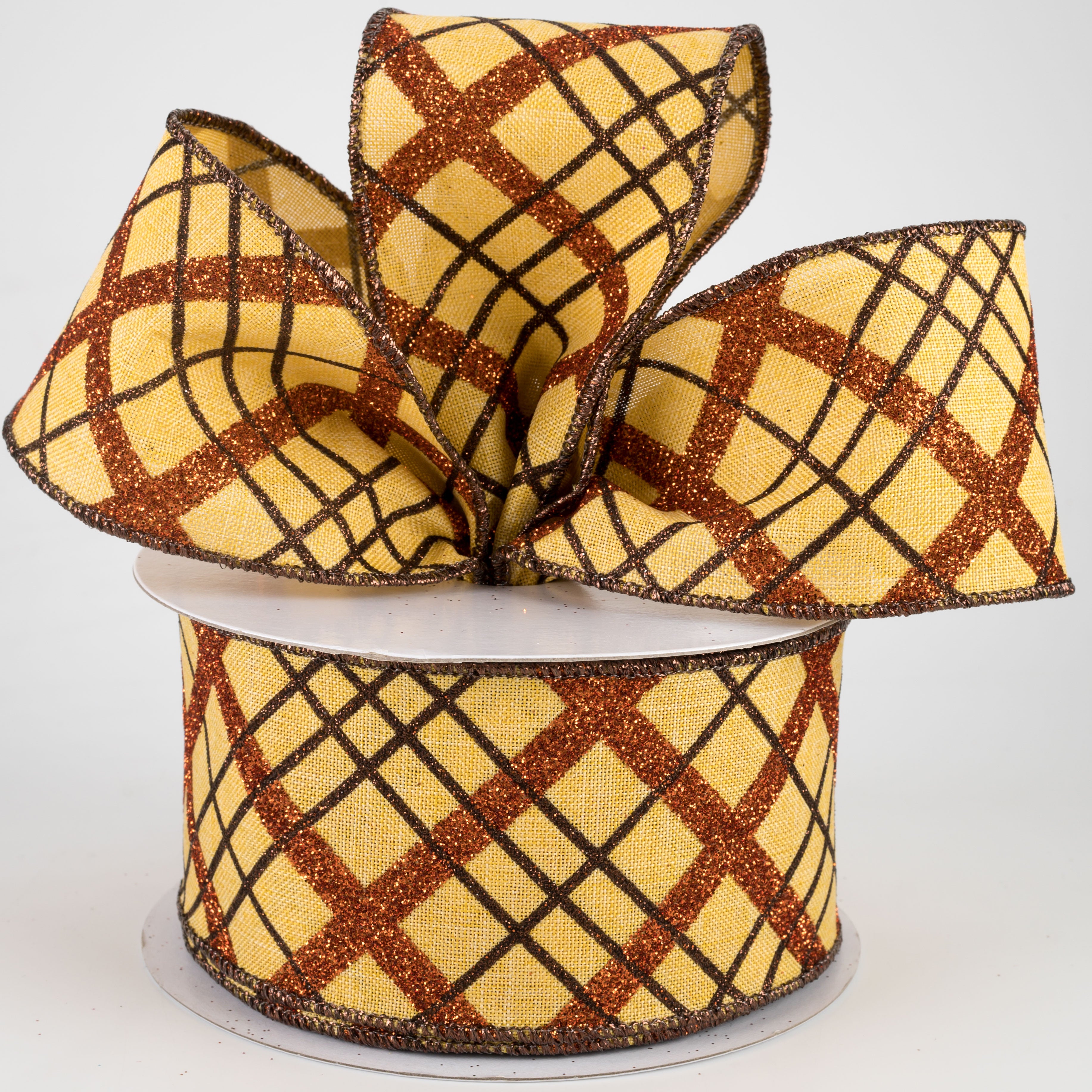 2.5" Glitter Diagonal Plaid Ribbon: Mustard, Copper, Brown (10 Yards)
