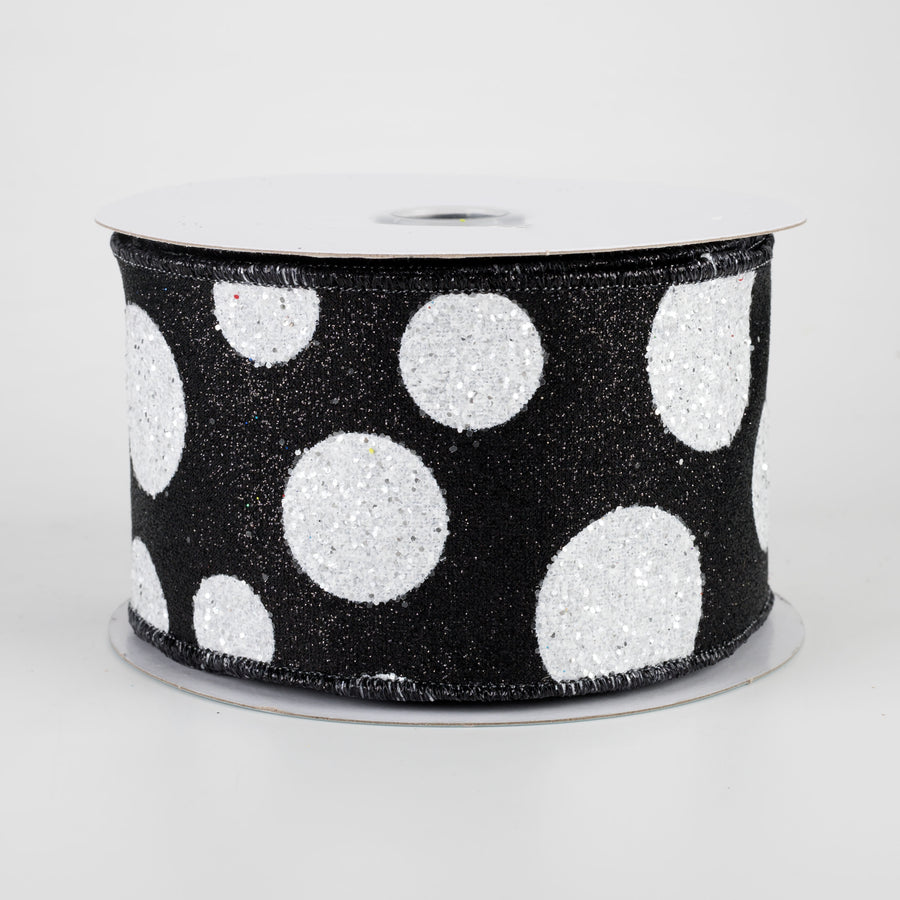 2.5" Glitter Giant Polka Dot Ribbon: Black & White (10 Yards)