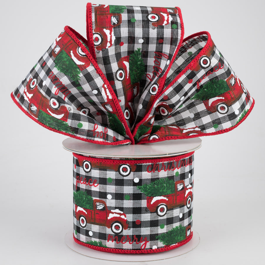 2.5" Christmas Trucks Polka Dot Check Ribbon: Black & White (10 Yards)