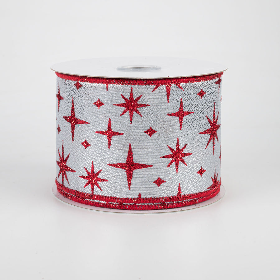 2.5" Retro Stars Ribbon: Silver & Red (10 Yards)
