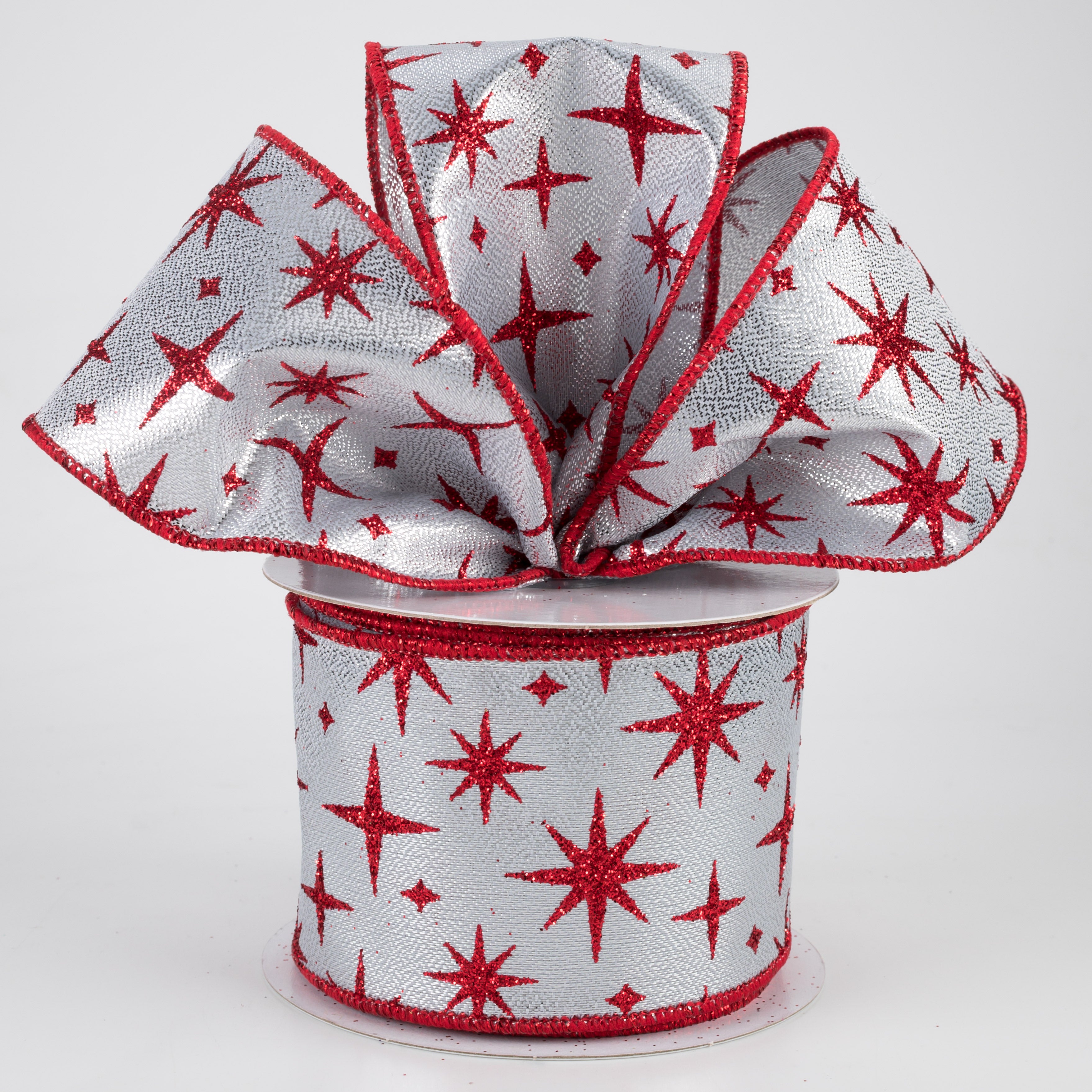 2.5" Retro Stars Ribbon: Silver & Red (10 Yards)