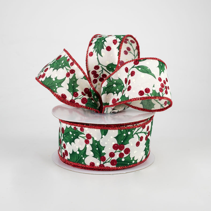 1.5" Holly Leaves & Berries Ribbon: Cream, Red, Green, Ivory (10 Yards)