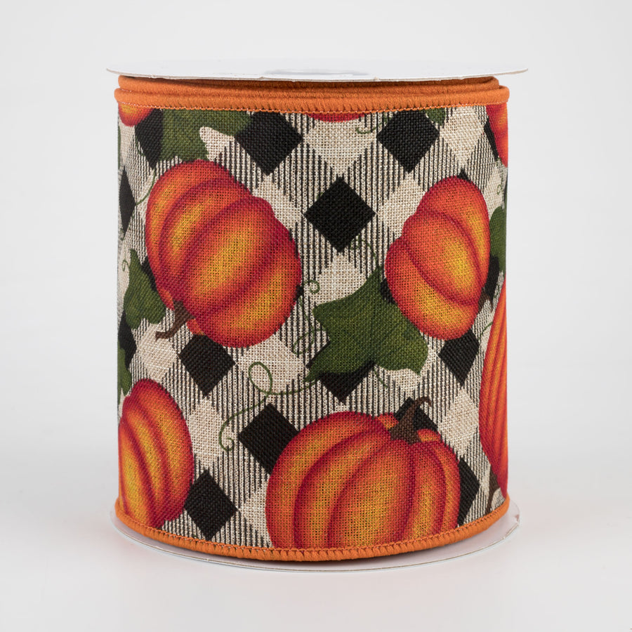 4" Pumpkin With Leaves Check Ribbon: Natural (10 Yards)