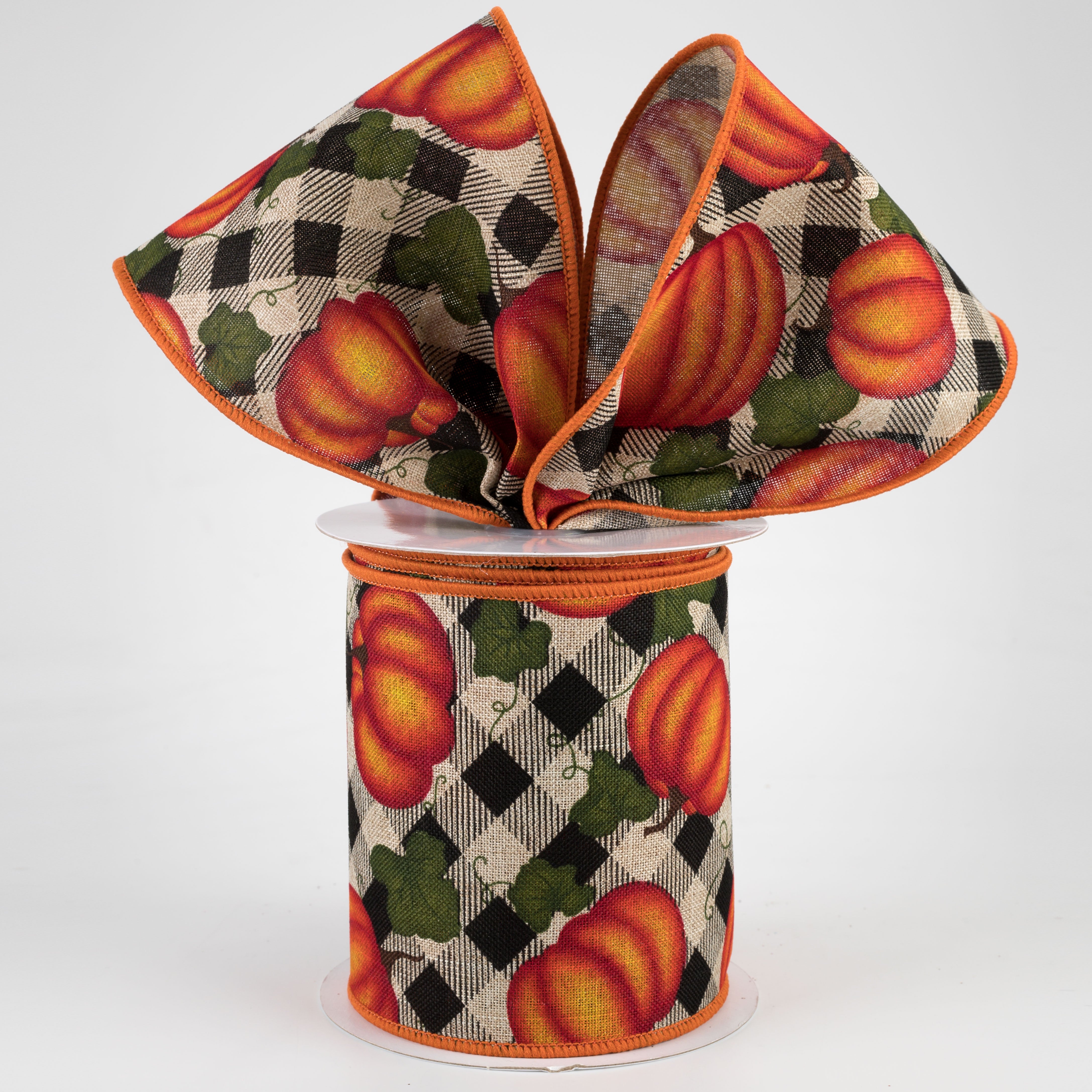 4" Pumpkin With Leaves Check Ribbon: Natural (10 Yards)