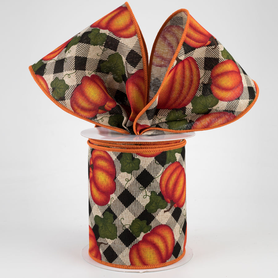 4" Pumpkin With Leaves Check Ribbon: Natural (10 Yards)