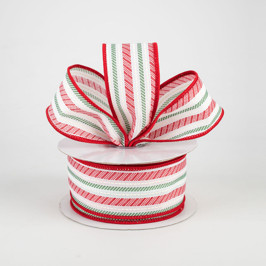 1.5" Slash Stripe Ticking Ribbon: White, Red, Green (10 Yards)