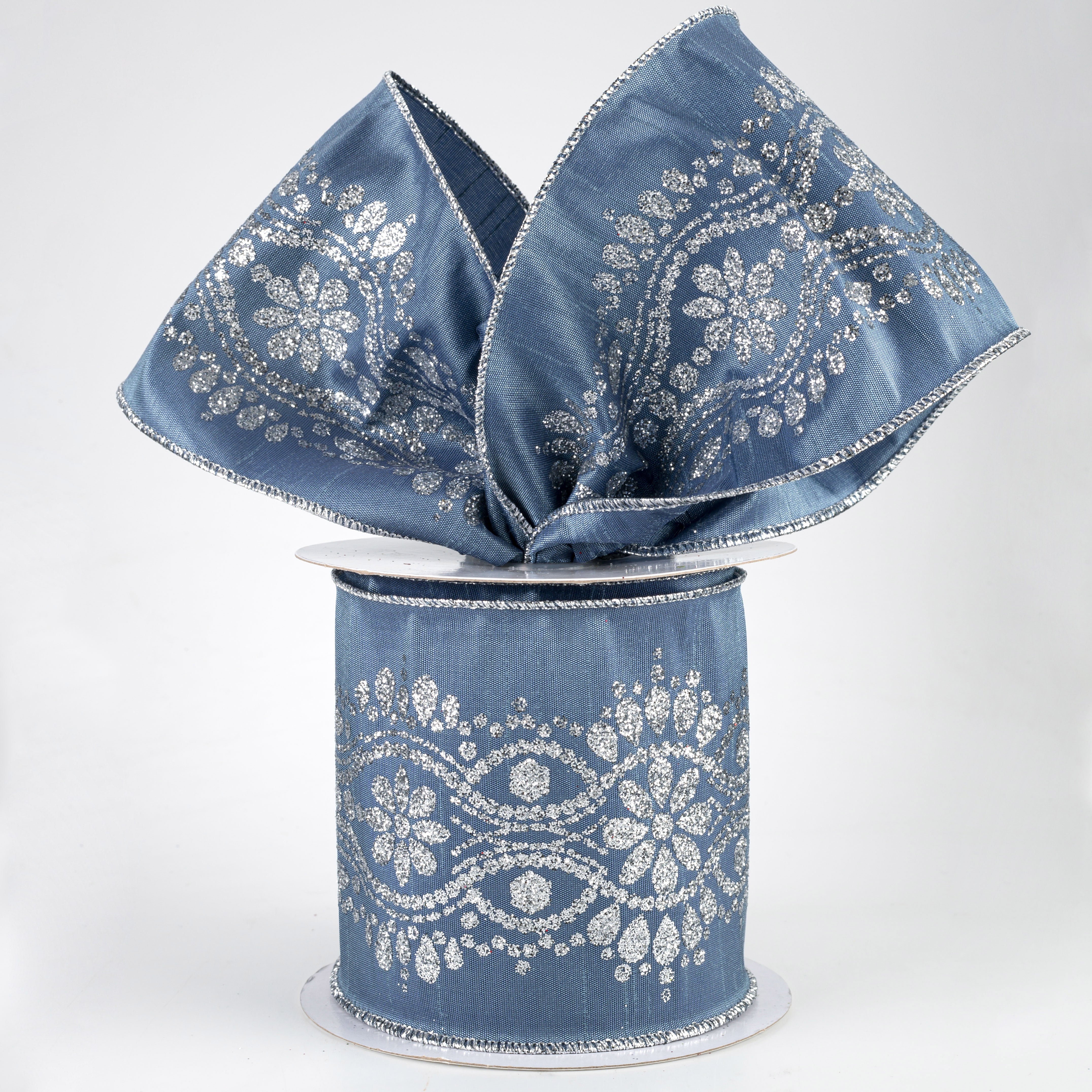 4" Luxurious Center Dupioni Ribbon: Smoke Blue & Silver (10 Yards)