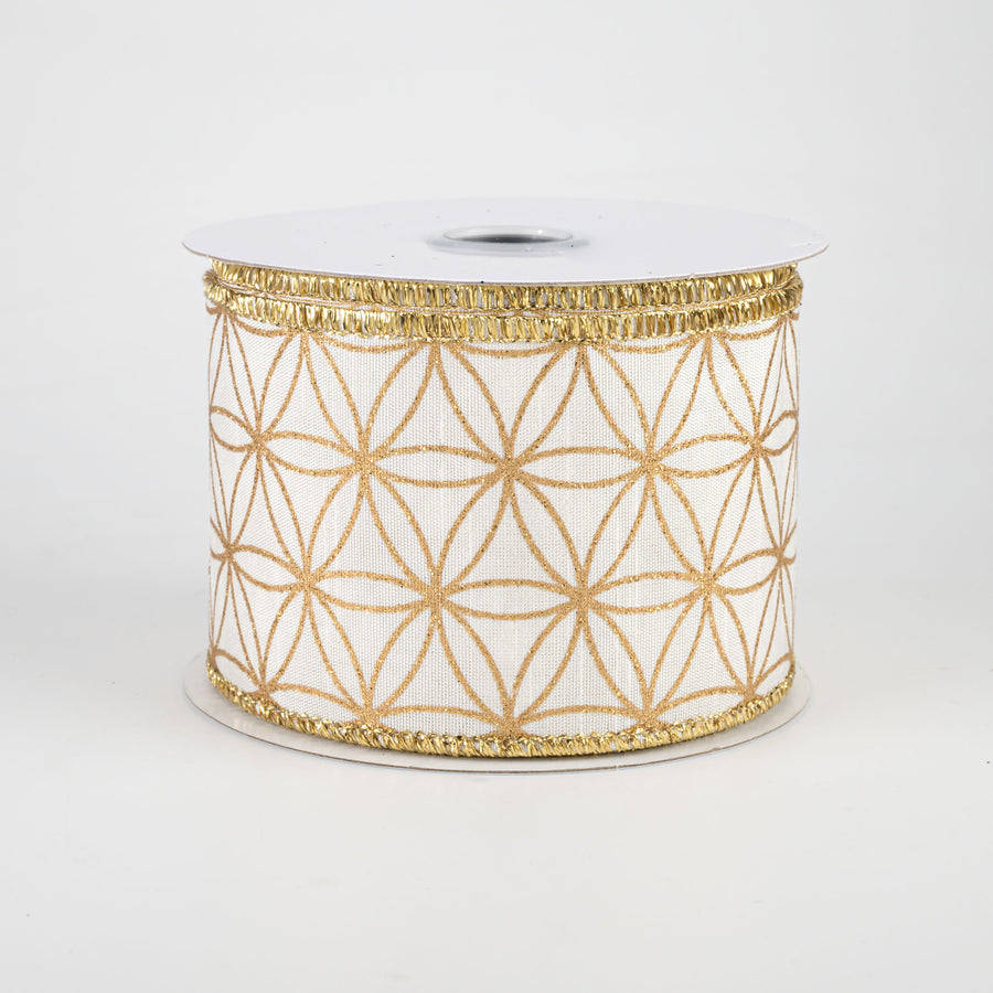 2.5" Seamless Stars Dupioni Ribbon: Ivory & Gold (10 Yards)